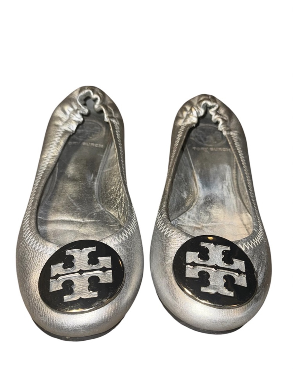 Tory Burch Metallic Silver Reva Logo Ballet Flats